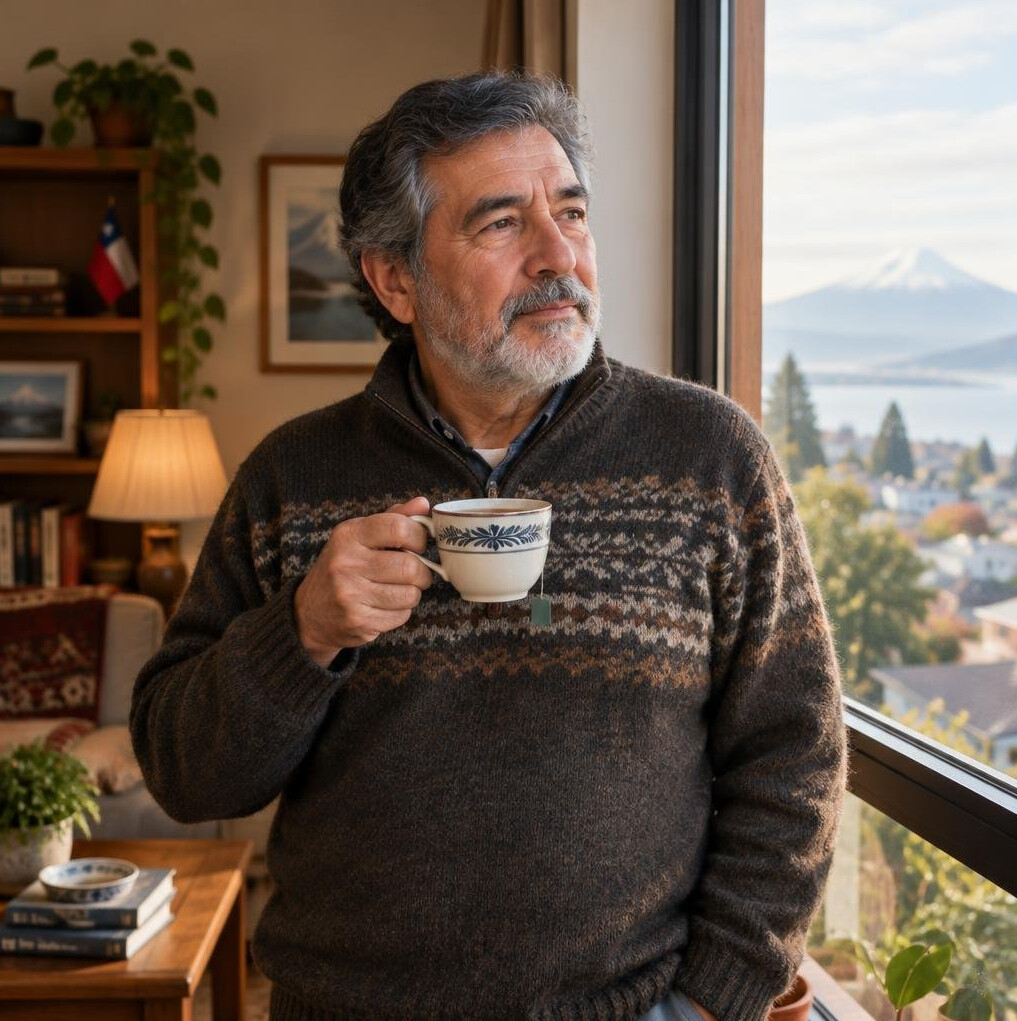 Thoughtful older man holding a cup of tea by a window